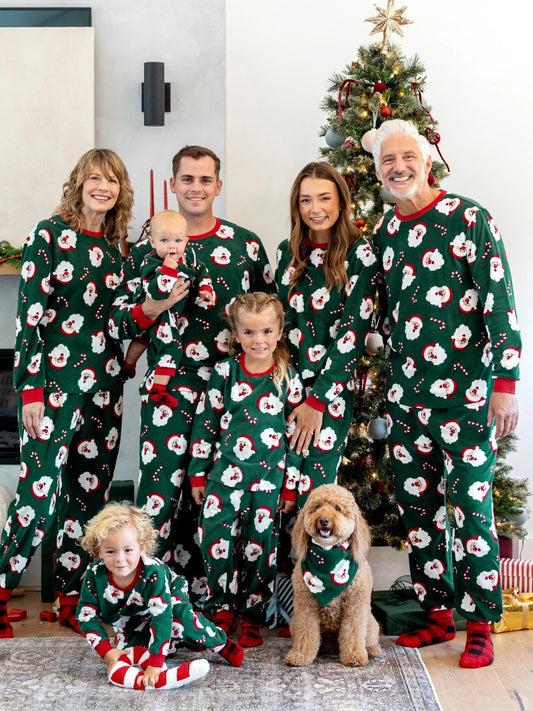 Christmas Matching Family Fleece Pajamas Set Santa Claus and Candy Cane Print PJS with Christmas Socks Dark Green - Sanvelier